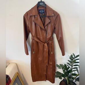 Scoop Faux Leather Belted Trench Coat, Cognac Brown, Sz S, NWOT